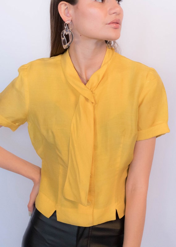 1950s Golden Yellow Silk Ascot Blouse size XS/S - image 3