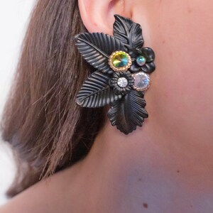 Oversized Floral Lucite Rhinestone Clip On Statement Earrings image 2