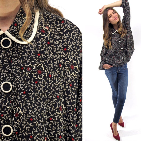 On Sale - Vintage 80s Floral Asymmetrical Top, Oversized Floral Blouse, Peter Pan Collar, Boho Blouse Δ fits sizes: sm / md / lg
