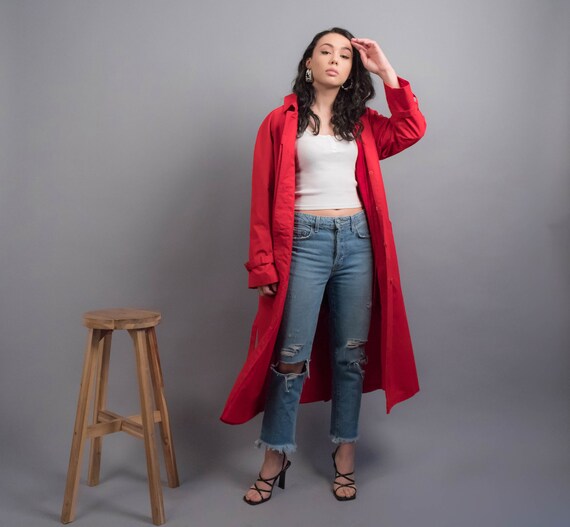 Red TRENCH Coat. 80s Trench Coat. Hooded Trench C… - image 10