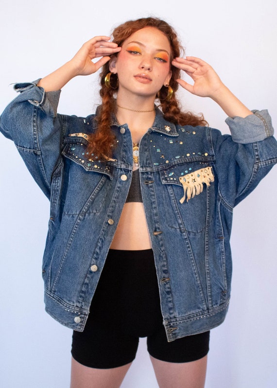 Oversized 80s Studded Southwestern Denim Jacket f… - image 10