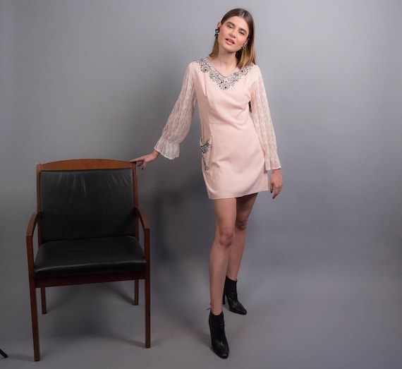 60s MINI Dress. Vintage Rhinestone 60s Dress. Boho