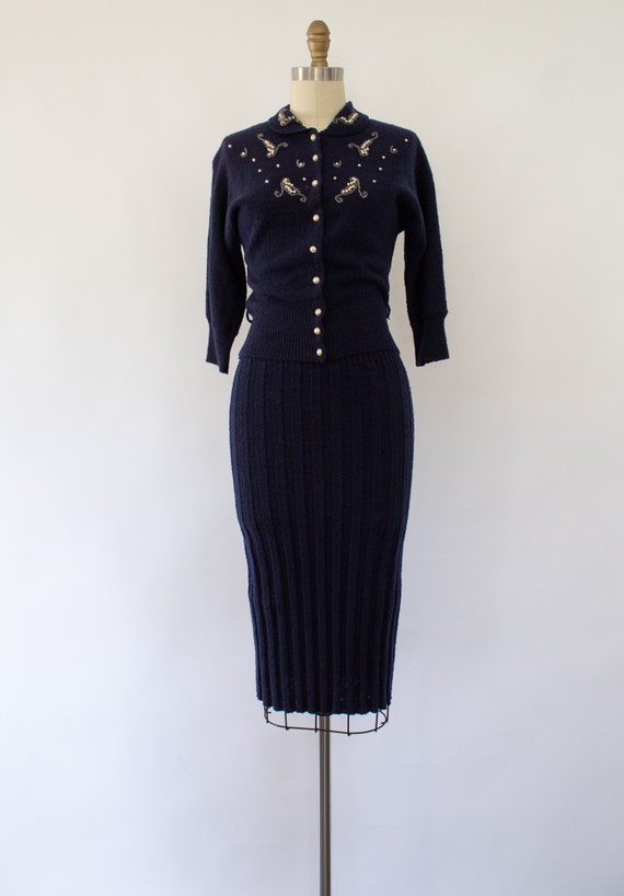 40s Knit Beaded Cardigan Skirt Set, Vintage Two-P… - image 7