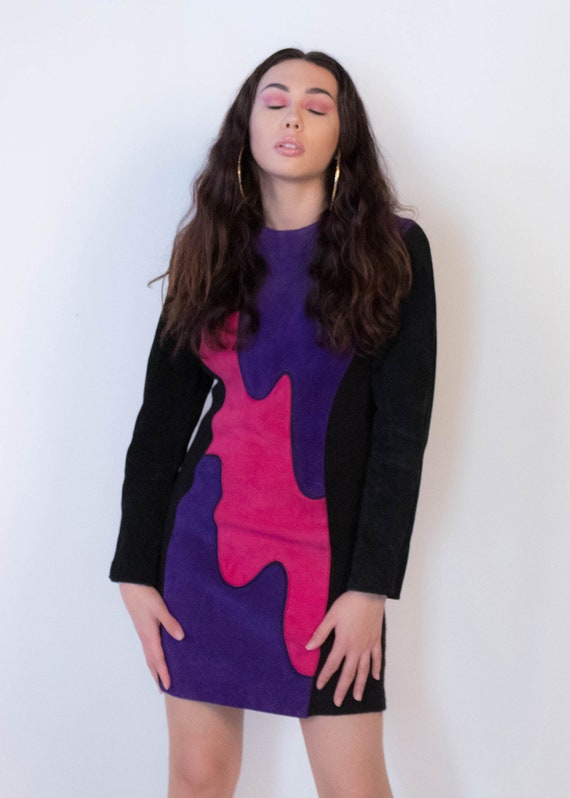 80s Abstract Suede Leather Dress size M - image 5