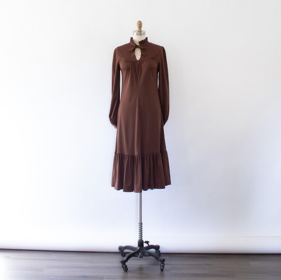 70s Boho Ruffle Dress, Vintage Chocolate Brown Jersey Midi Dress (Xs-S)