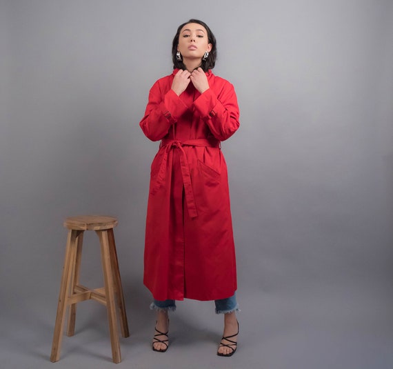 Red TRENCH Coat. 80s Trench Coat. Hooded Trench C… - image 5