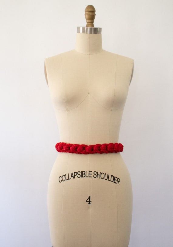 80s Red Braided Rope Belt, Vintage Minimal Braided