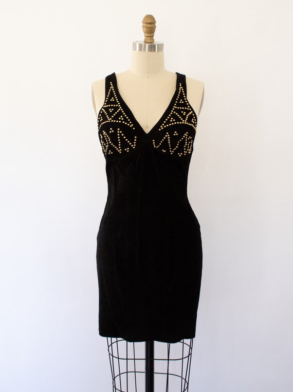Vintage Black Leather Studded Dress, 80s Halter Leath - Gem