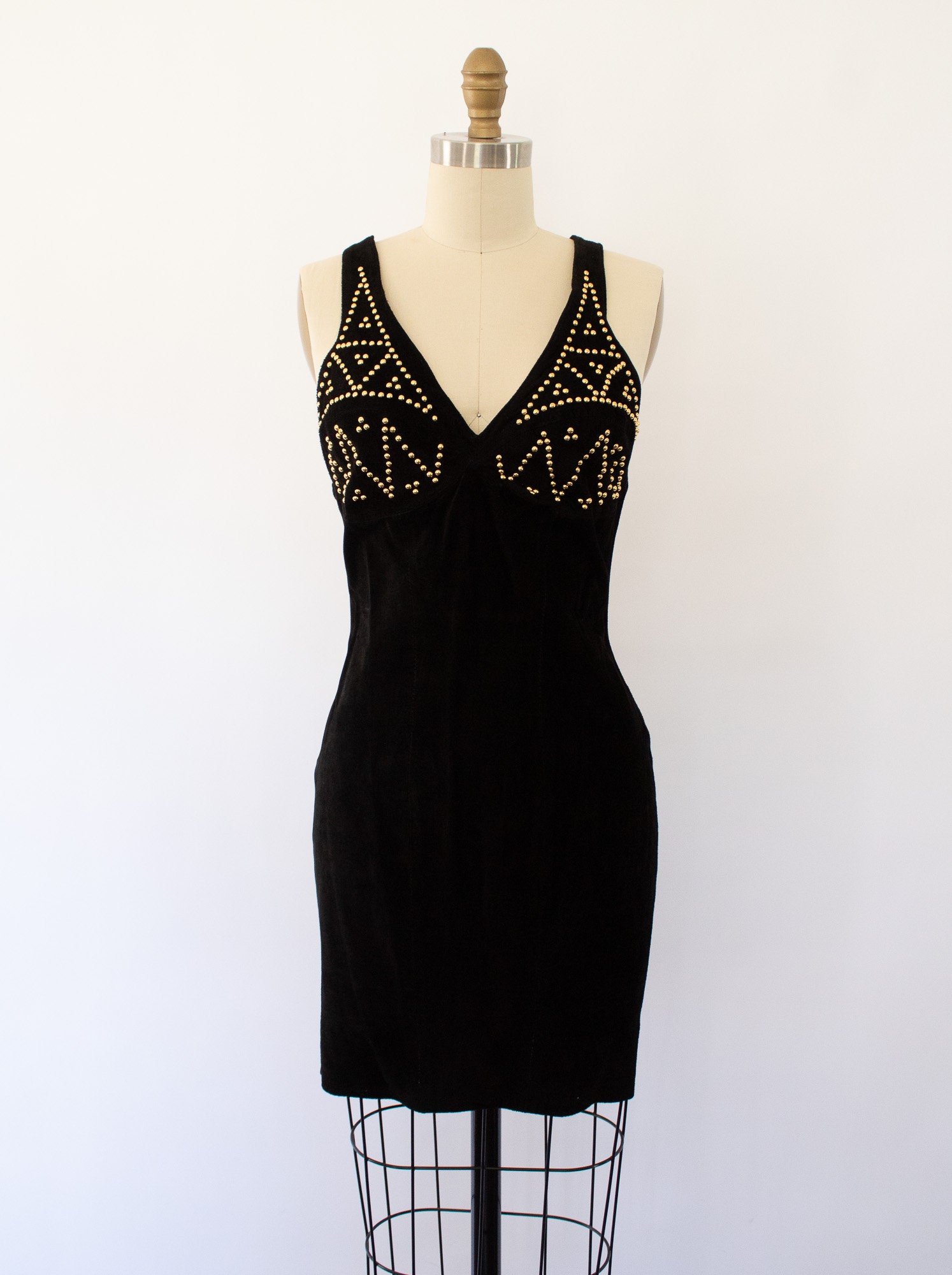 Vintage Black Leather Studded Dress, 80s Halter Leather Mini Dress (M)