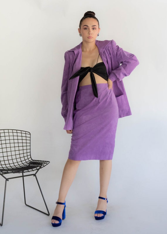 70s Faux Suede Lavender Skirt Suit size S - image 6