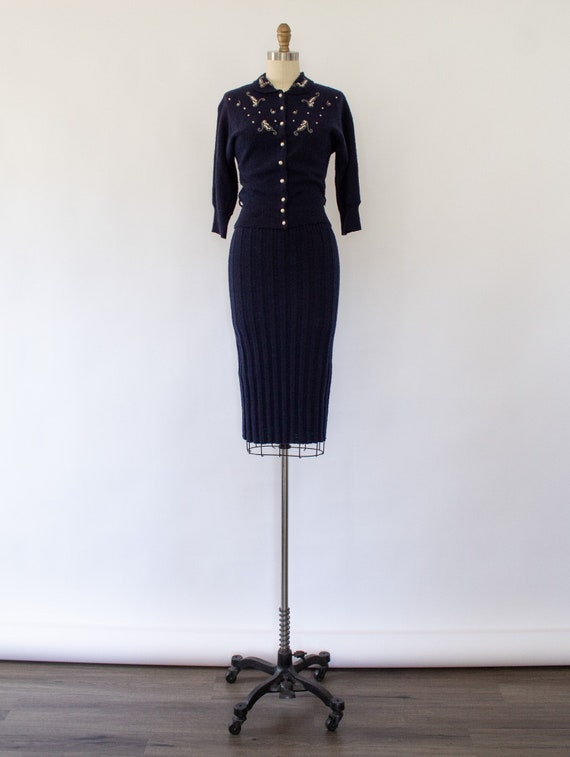 40s Knit Beaded Cardigan Skirt Set, Vintage Two-Pi