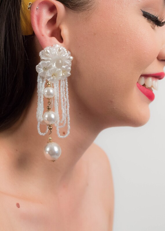 AVANT-GARDE 80s Floral Earrings. Oversized Fringe