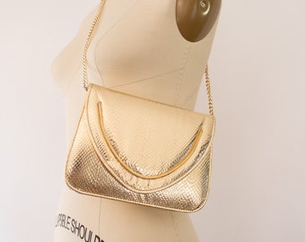 Pochette Soirée Dorée Fausse Peau De Serpent - Fermoir Diamanté - Occasion