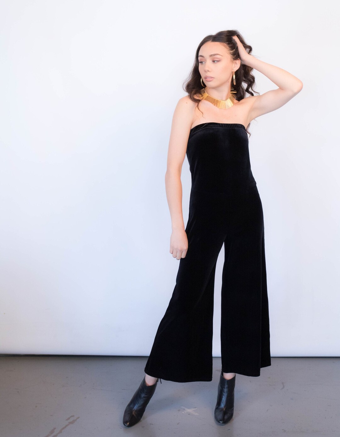 Vintage 90s Black Velvet Bell-bottom Jumpsuit Strapless Pantsuit