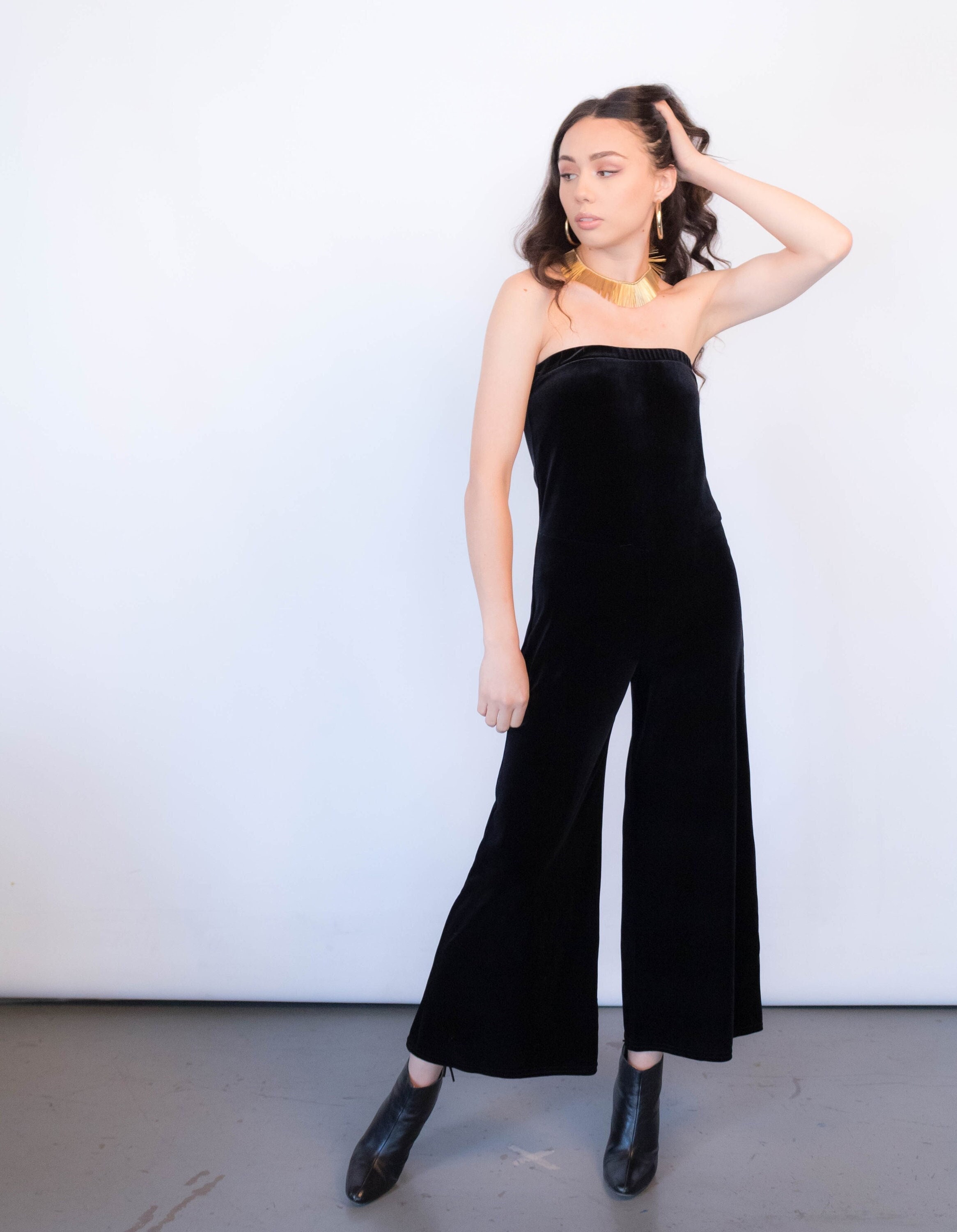 Vintage 90s Black Velvet Bell-bottom Jumpsuit Strapless Pantsuit