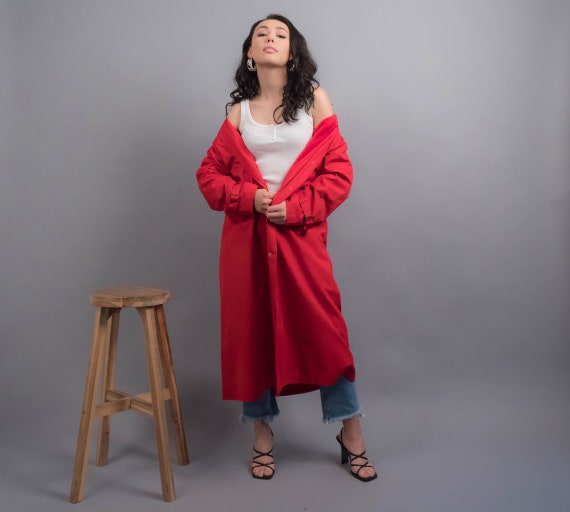 Red TRENCH Coat. 80s Trench Coat. Hooded Trench C… - image 6