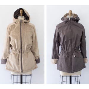 Vintage Reversible Hooded Parka Jacket, 90s Faux-Fur Parka Jacket, Safari Rain-Repellent Parka (XS-S)