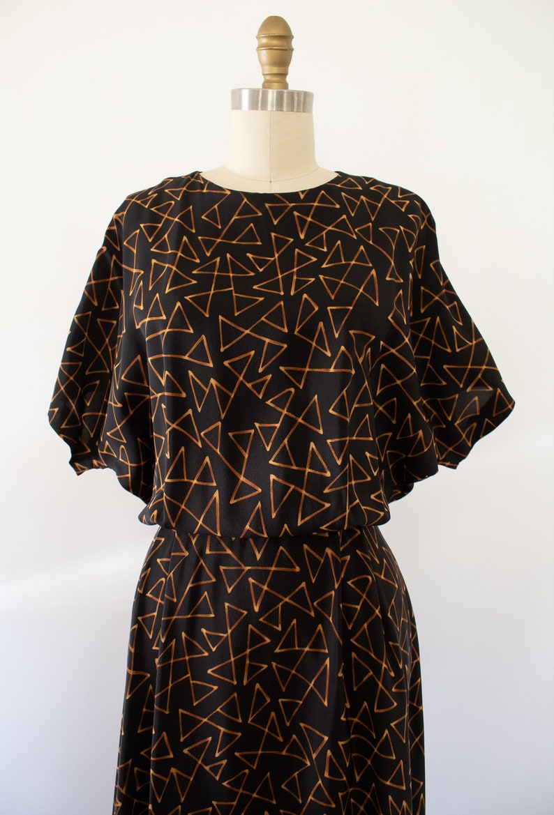 80s Ellen Tracy Silk Maxi Dress, Vintage Dolman Sleeve Abstract Print Dress M image 2