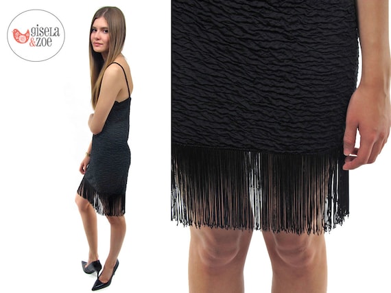 Black Fringe Dress / Vintage 80s Body Con Fringe D