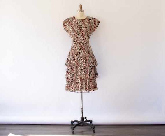 80s Leopard Print Dress, Vintage Drop Waist Ruffle Tiered Dress (M)