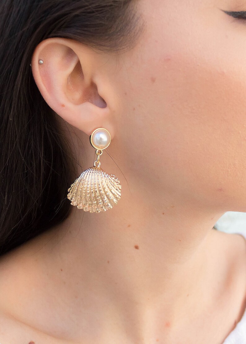 SHELL Dangle Earrings. Ocean Earrings.Faux Pearl Earrings. Organic Shell Earrings. Summer Wedding Jewelry. Trendy Shell Earrings image 1