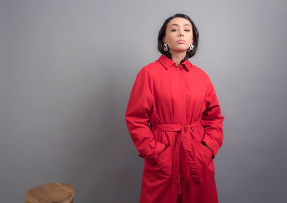 Red TRENCH Coat. 80s Trench Coat. Hooded Trench C… - image 4