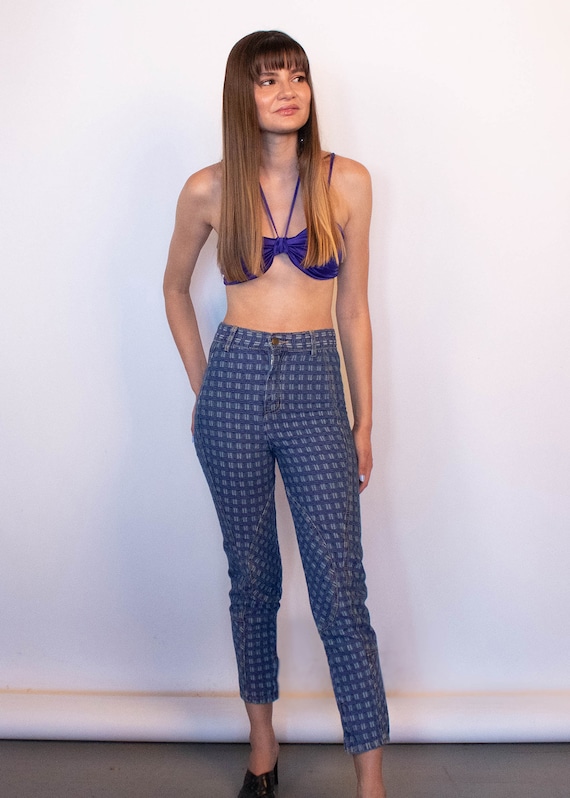 80s High Waisted Plaid Skinny Jeans size XXS XS 24 W