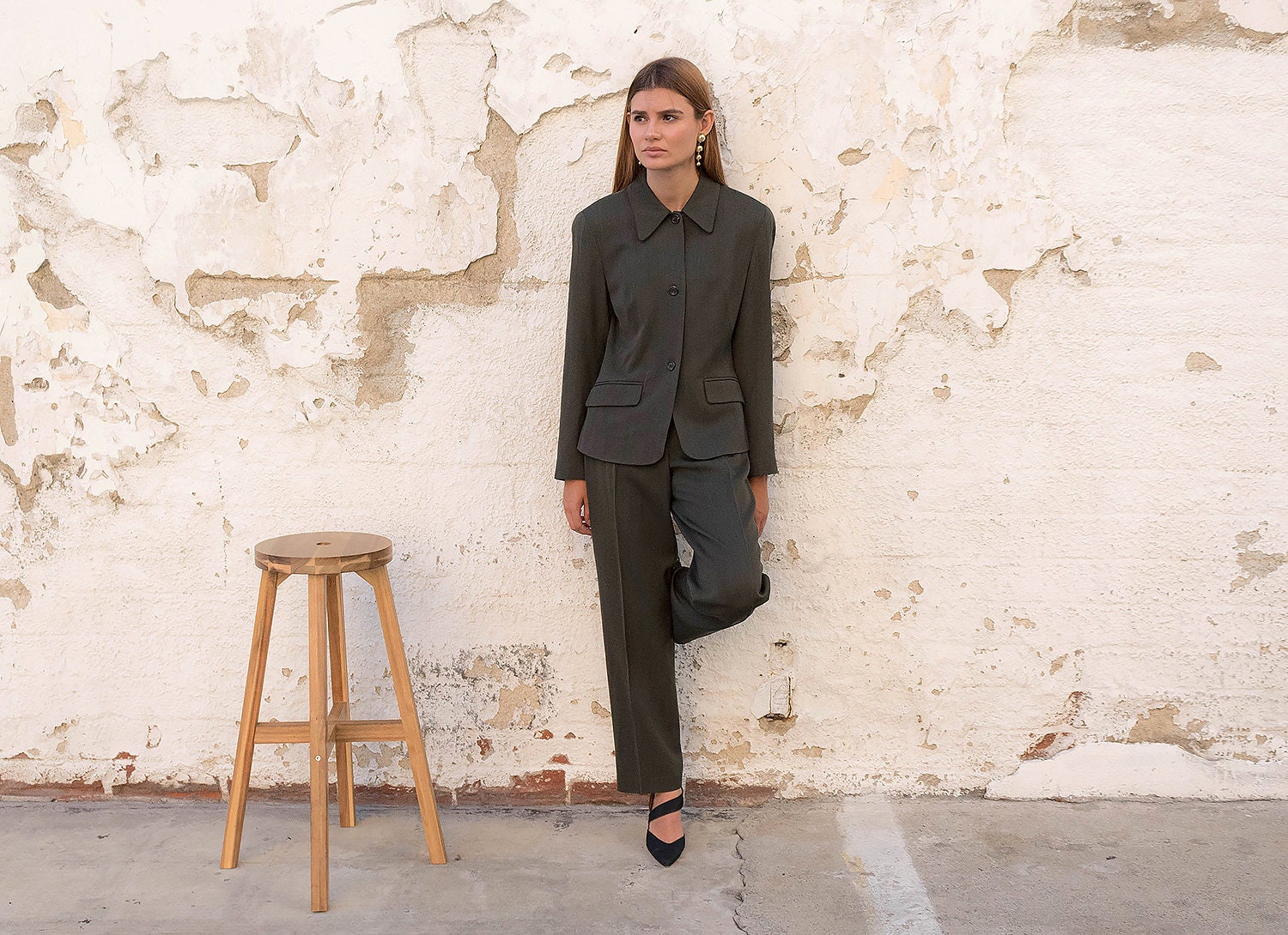 スーツ 90s 00s 2tuck summer wool slacks BLK 90s Minimalist Pant Suit / High-waist Pleated Pants