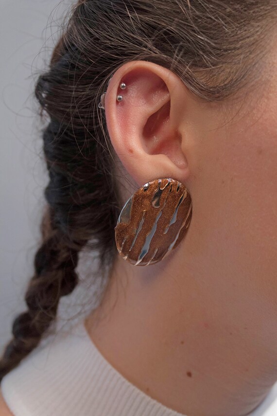 Oversized Metallic Earrings / 80s Geometric Earri… - image 5