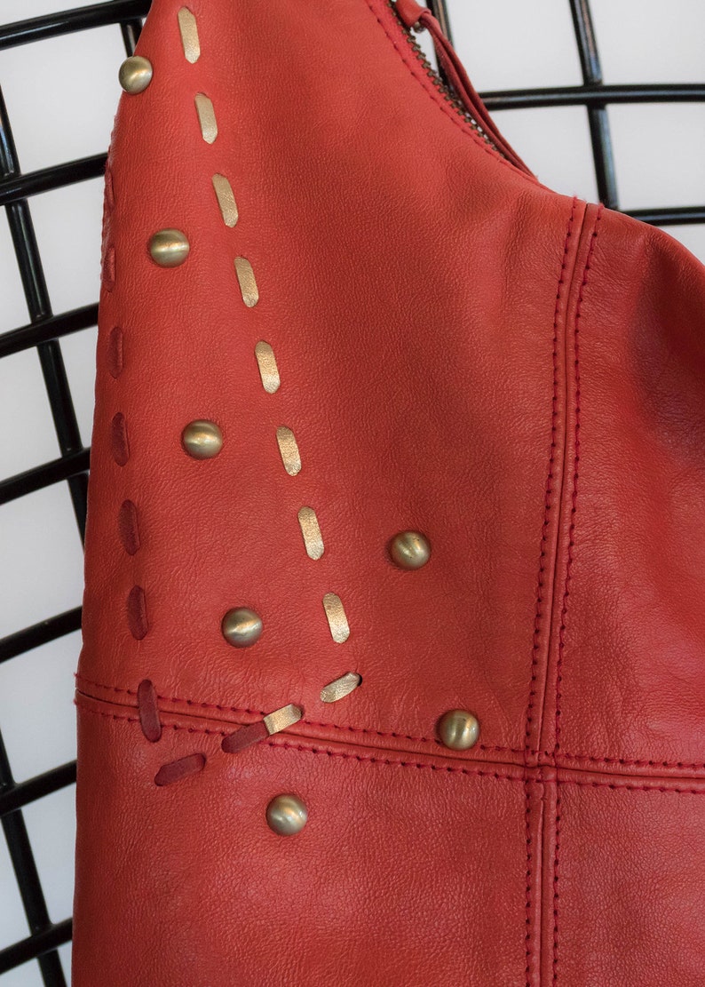 Leather HOBO Purse. Vintage 90s Purse. Y2K Leather Purse. Red Leather Purse. Studded Leather Purse. Cross-Body Purse image 7