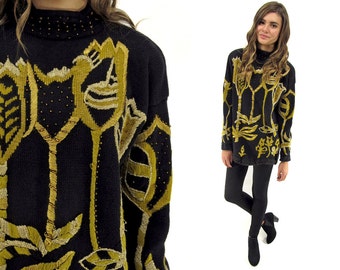 On Sale - Vintage Embroidered Sweater, Floral Embroidered Tunic Sweater, Beaded Sweater, Long Sweater, Vintage 80s Sweater Δ size: xs / sm