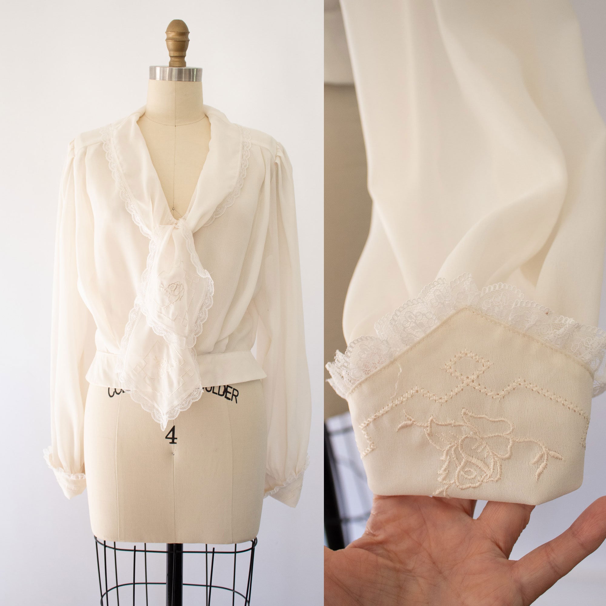80s Victorian Floral Lace Ascot Blouse, Vintage Granny Stitch