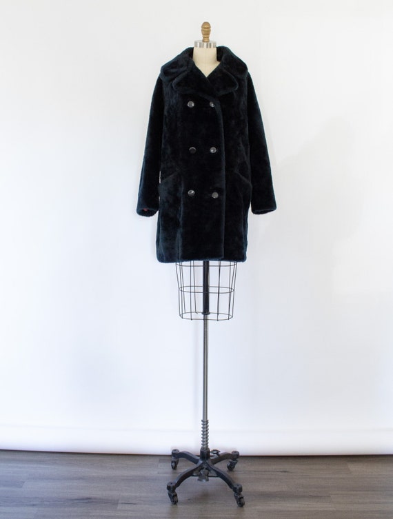 60s Mod Faux Fur Coat, Black Faux Fur Teddy Coat (