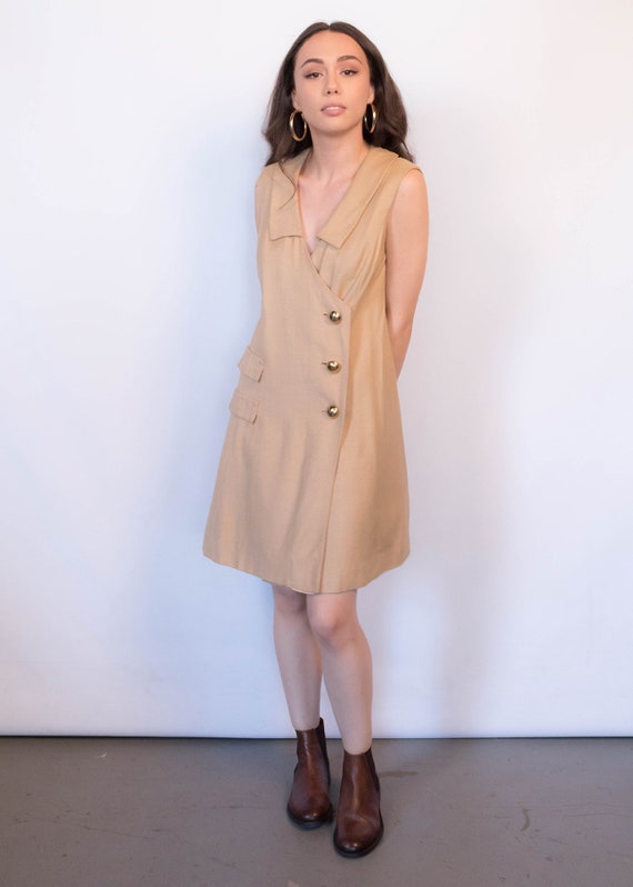 Vintage 60s Mod Silk-Linen Shift Dress Tan size M - image 10