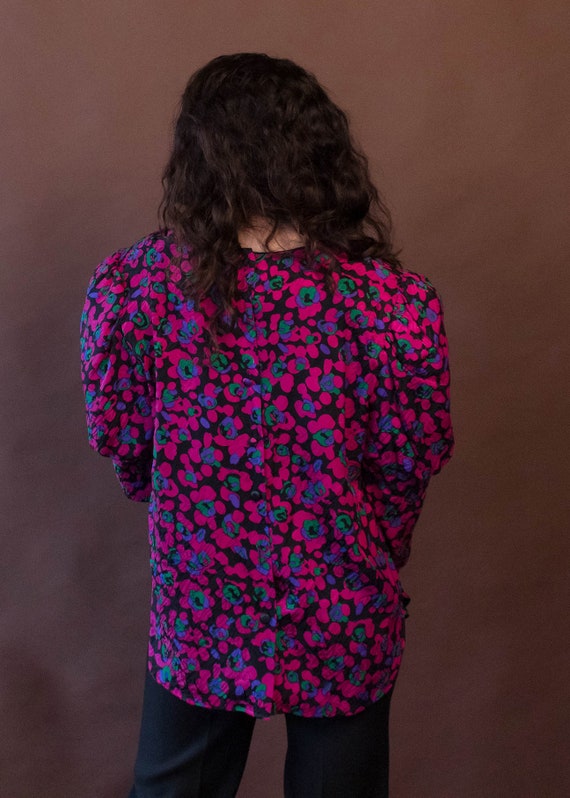 80s Floral Silk Leg O Mutton Sleeve Blouse size M… - image 8