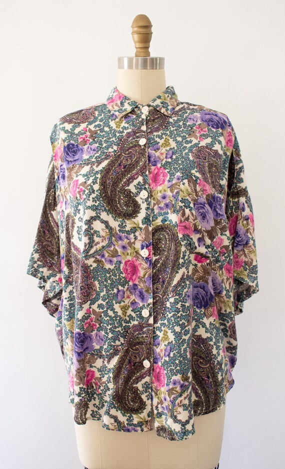 80s Paisley Floral Blouse, Vintage Cottagecore Ov… - image 3