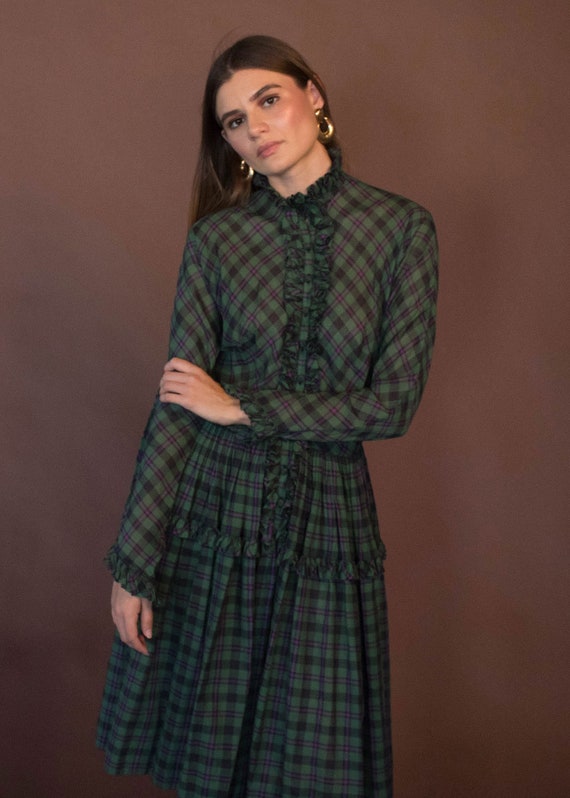 40s PLAID Cotton Dress. Ruffle Plaid Dress. Vinta… - image 4