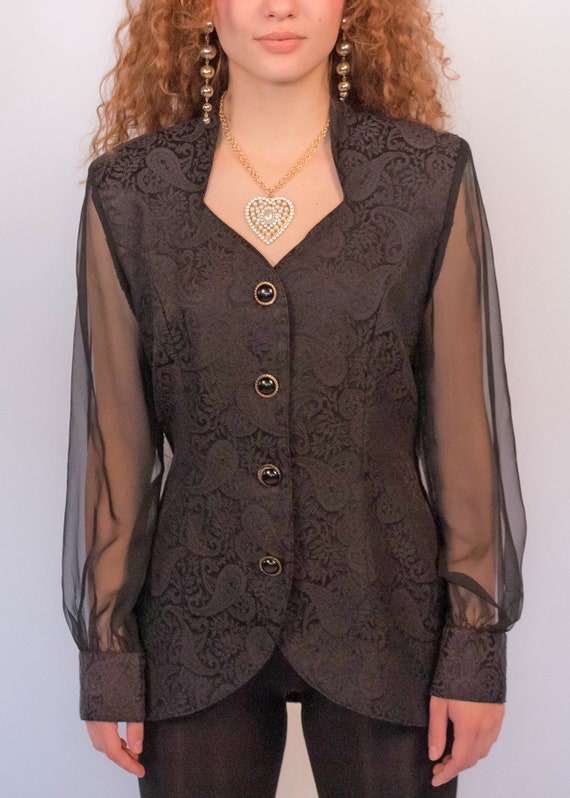 90s Floral Paisley Brocade Sheer Sleeve Blouse si… - image 3