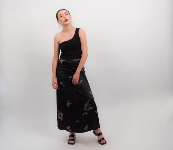 Vintage SILK Maxi Skirt. Silk Floral Skirt. 90s Mi