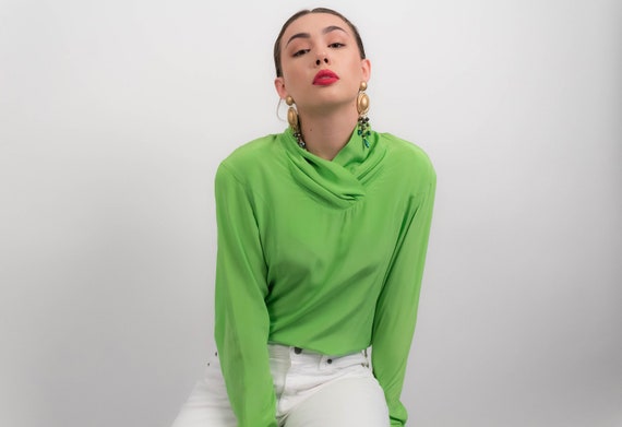 Vintage SILK Blouse. Lime Green Silk Blouse. 90s S