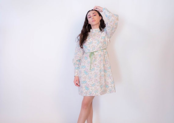 60s Bishop Sleeve Floral Mod Dress size M/L