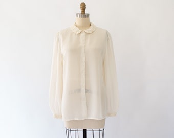 80s Ruffle Collar Blouse Oversized Sheer Silky Blouse size M/L