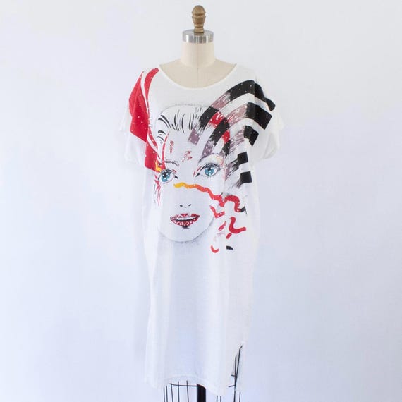 pop art t shirt dress 80s Graphic Pop-art T-shirt Dress, Vintage Thin Cotton Patrick Nagel  Inspired Art Dress (XS-M)