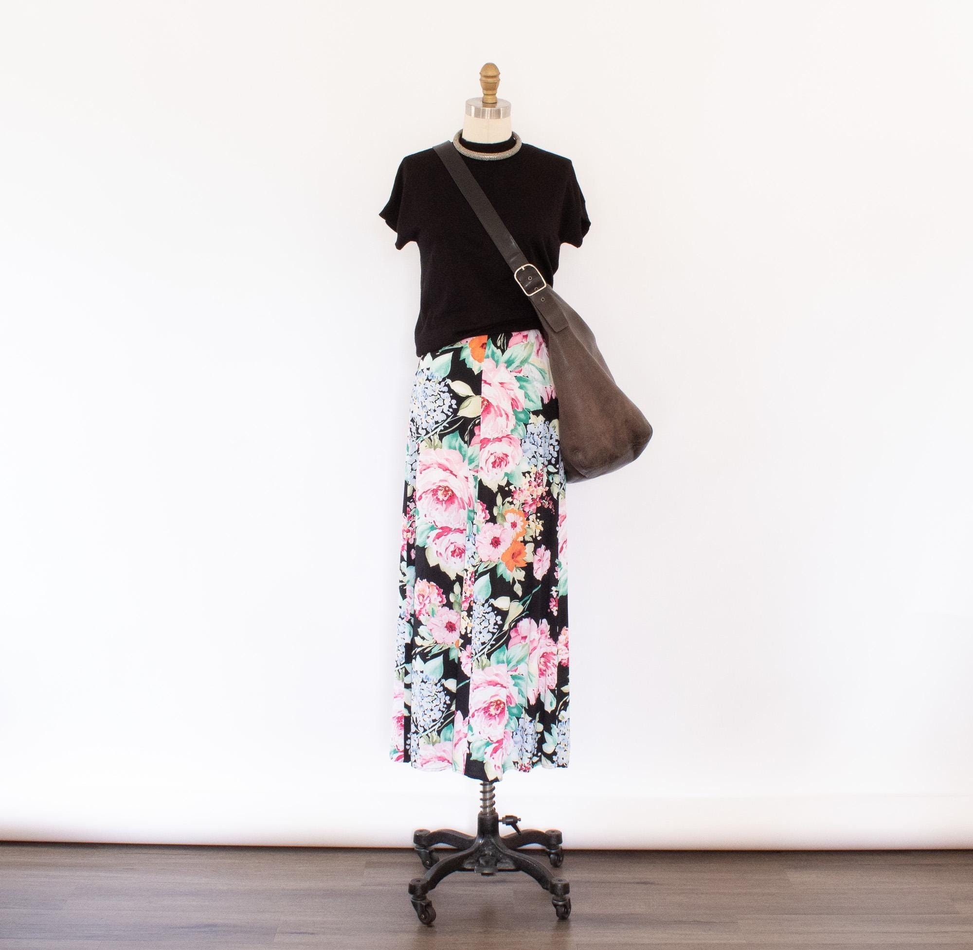 90s Floral Cottage-core A-line Maxi Skirt, Vintage Bold Floral