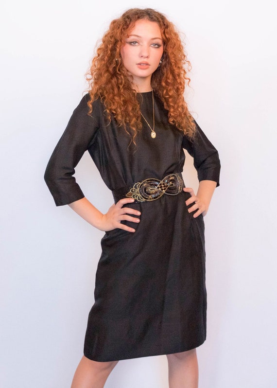 Vintage 60s Black Silk Sheath Dress Size M Etsy Canada