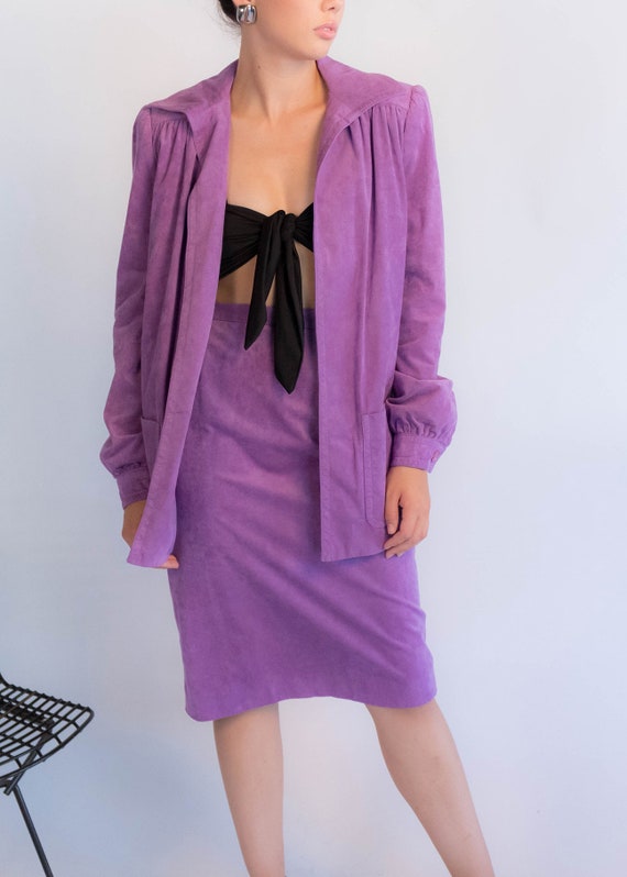 70s Faux Suede Lavender Skirt Suit size S - image 3