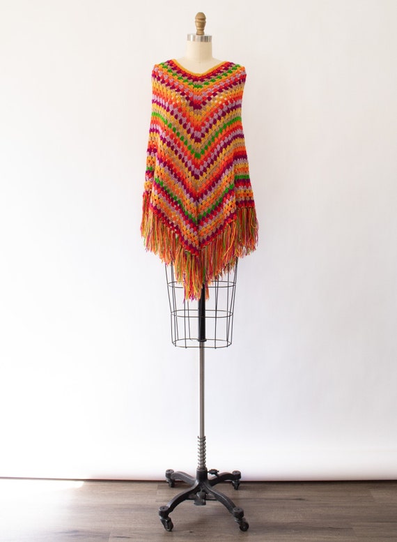 60s Crochet Chevron Cape, Vintage Wool Boho Cape (