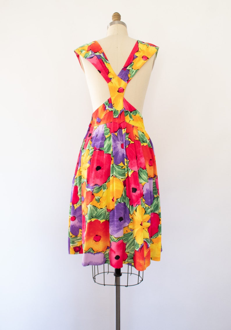 80s Floral Jumper Dress, Vintage Tropical Summer Dress S image 9