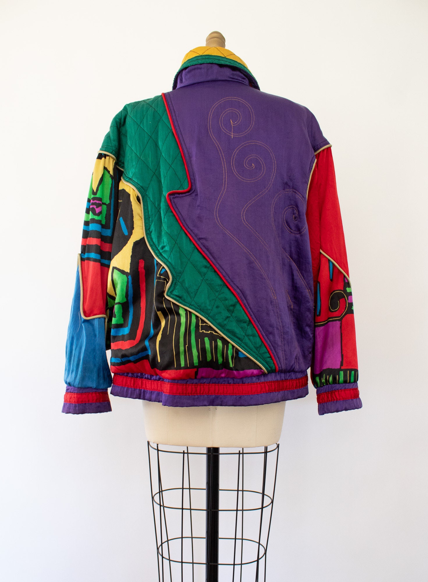 80s Patch-print Quilted Bomber Jacket, Vintage Bright Abstract