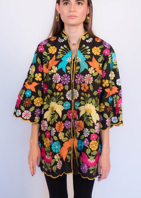 70s Embroidered Floral Caftan Ethnic Top one size - image 3